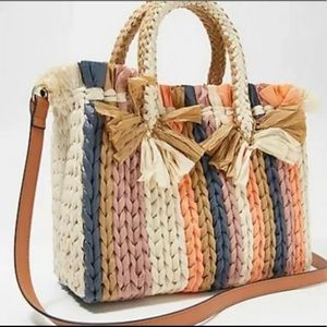 Vince Camuto Emei Multicolored Stripe Small Straw Fringe Tote Handbag Crossbody